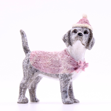 Jule hund - 7 cm - Grå med lyserød
