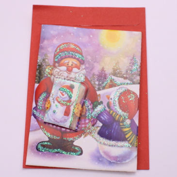 Julekort m glimmer - 7x11 cm - Julemand og snemand