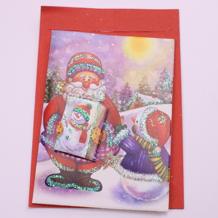Julekort m glimmer - 7x11 cm - Julemand og snemand