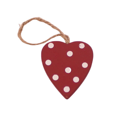 Mini Hjerte i træ – Rød prikker- 4 cm