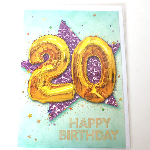 Fødselsdagskort - 18 x 12 cm - 20 år - Guld lilla