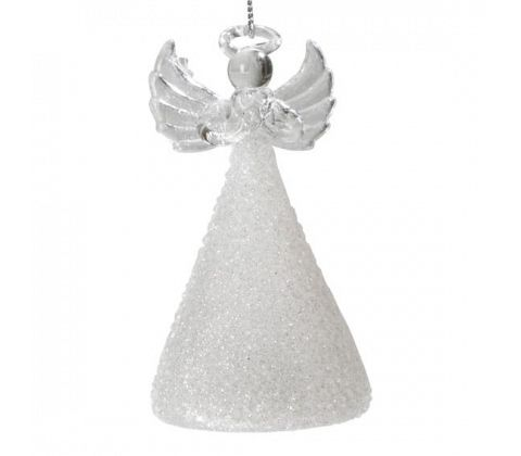 Engel i glas med LED lys - 10 cm - Hvid glimmer