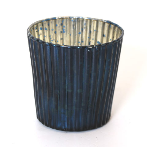 Fyrfadsstage glas Rainbow rillet - H 7,5 cm - Mørkeblå