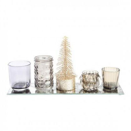 Spejlfad med 4 lysestager og juletræ - L 35 cm