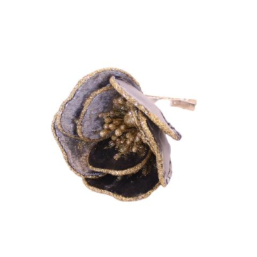 Blomst i velour - Ø 15 cm - Grå og guld farve