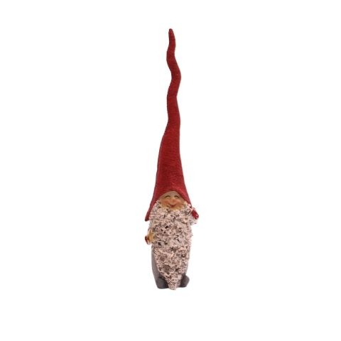 5: Nisse med lang nissehue - H 21 cm - Rød og grå m stjerne