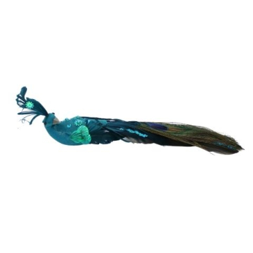 Påfugl med klips - L 20 cm lang - Turkis pailletter