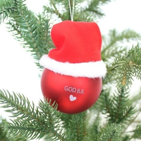 Julekugle m hue - God jul - Rød Ø 6 cm