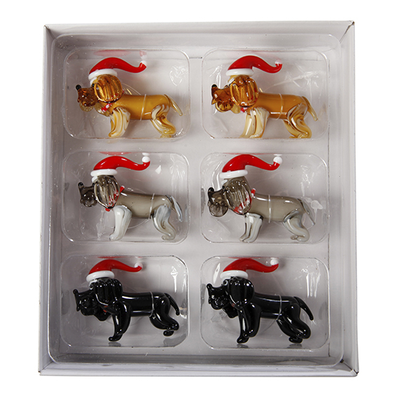 Jule hunde figur i glas - æske med 6 stk - H 4 cm