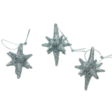 Stjerner med glimmer ophæng - Sølv - 3 stk - H 6 cm