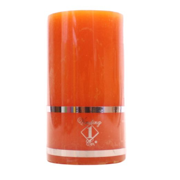 Rustik bloklys orange - Ø6,8cm og højde 12,5cm. Pakket i folie med smalle sølvstriber.