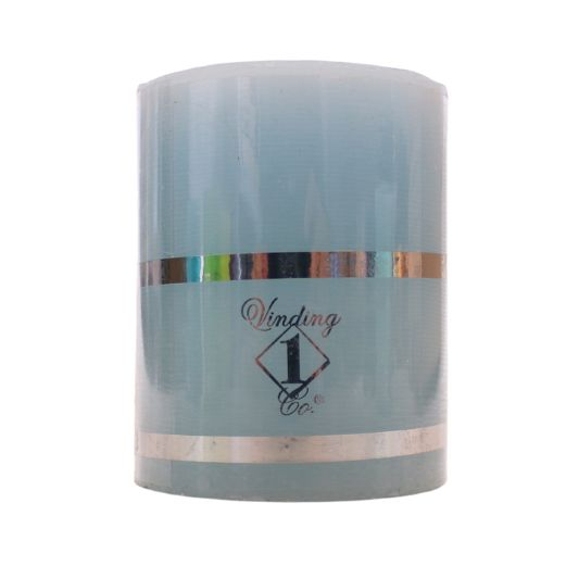Rustik bloklys sart lysblå -  Ø6,8cm og højde 8,5cm. Pakket i folie med smalle sølvstriber.
