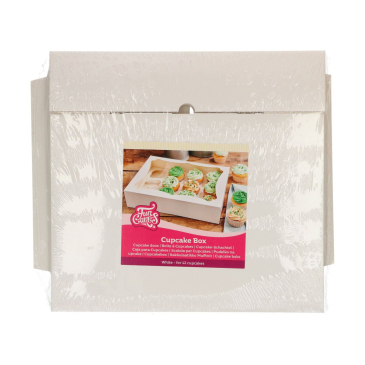 Hvid cupcake box til 12 muffins eller cupcakes. Kageæske med vindue. F80325 fra FunCakes.