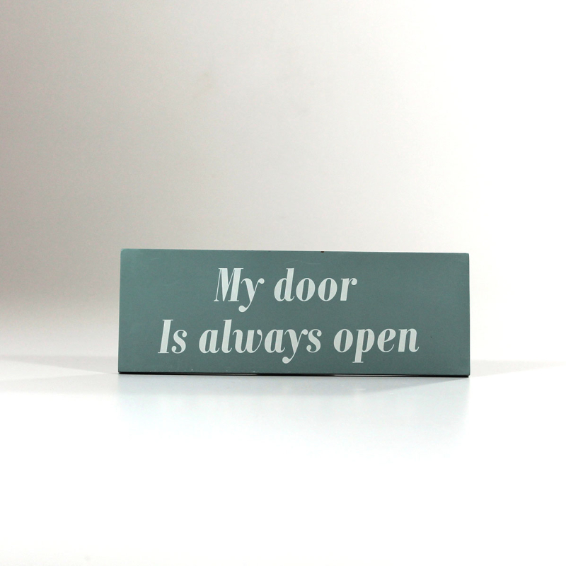 RESTSALG - Skilt - "My door Is always open", blå - 28 x 10 cm