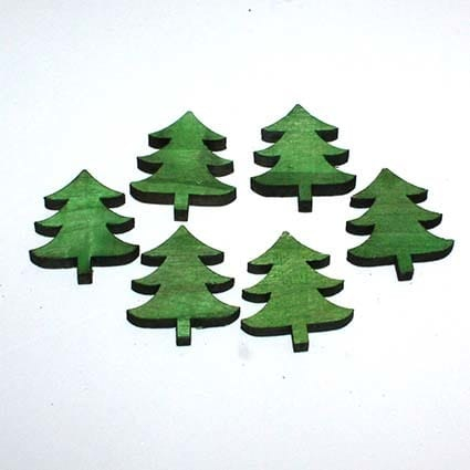 Juletræ grøn udskåret i træ - 5 x 4 cm, 6 stk