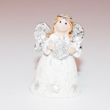 Engel med harpe- hvid og sølv - 5 cm