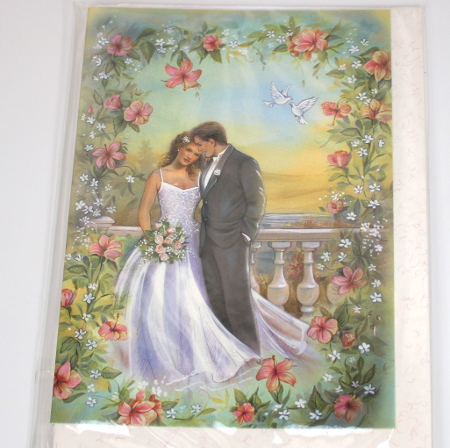 Billede af Tillykke kort med kuvert - Brudepar med blomster og 2 duer