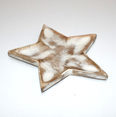 RESTSALG - Stjerneformet træ fad - Ø 25 cm - Natur og hvid