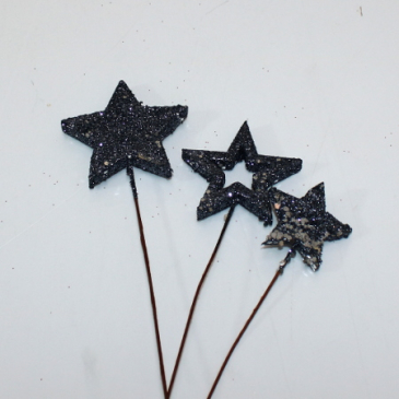 Stjerner på tråd 3 stk - Grå med glimmer